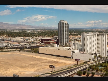 Aerial view of an undeveloped lot and the SLS Las Vegas hotel near the north end of the Strip