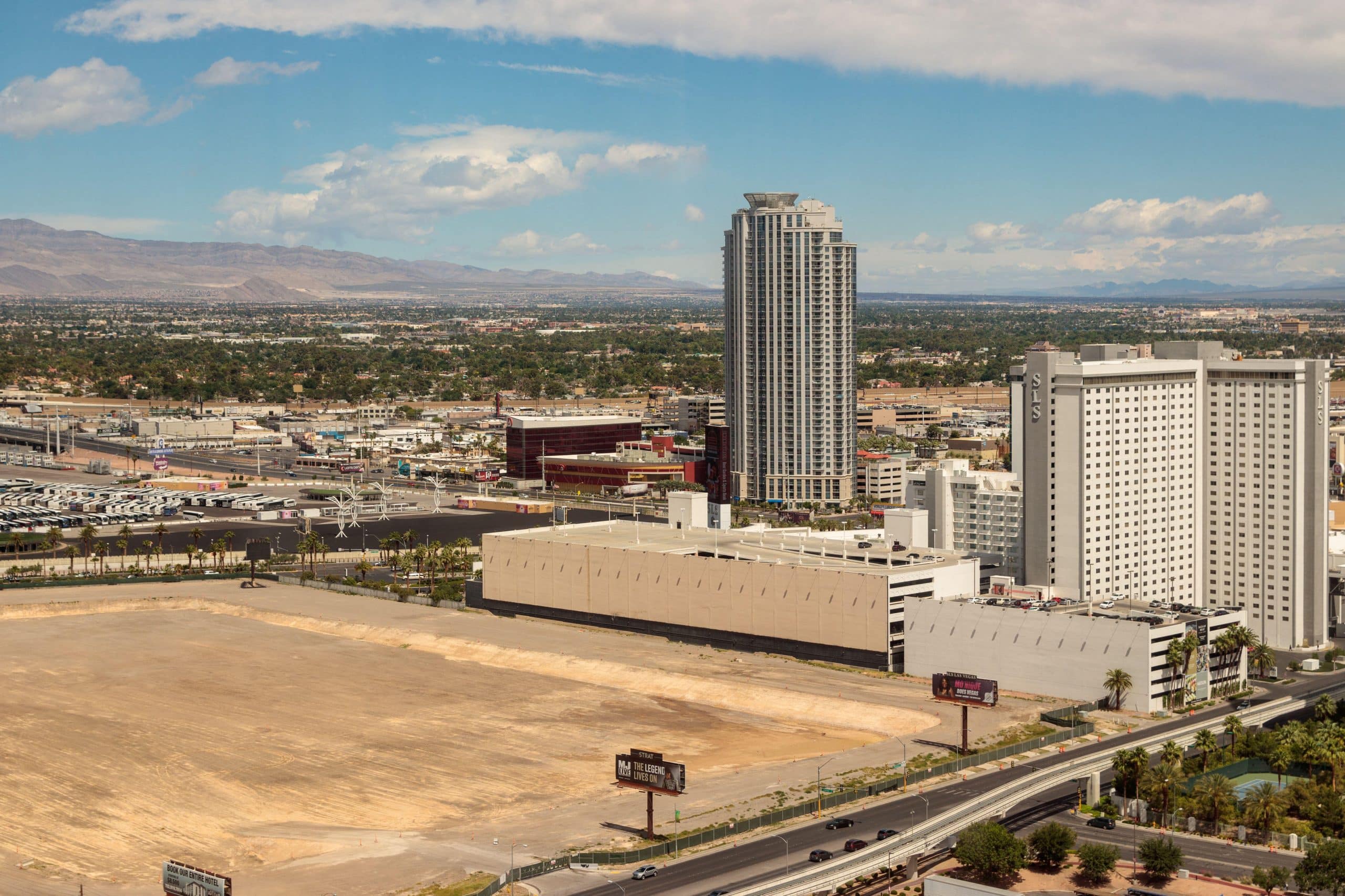 Aerial view of an undeveloped lot and the SLS Las Vegas hotel near the north end of the Strip