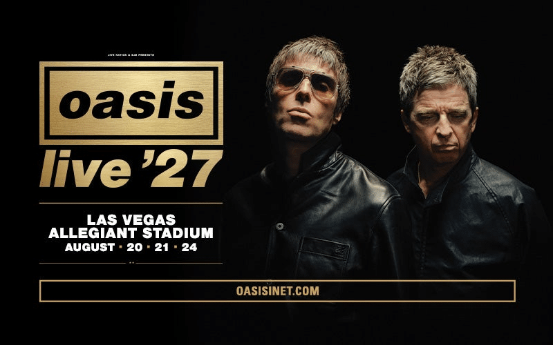 Oasis Live 27 tour poster listing Las Vegas Allegiant Stadium dates August 20, 21, 24