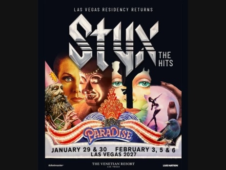 Styx The Hits Las Vegas residency poster listing Venetian Resort dates January 29, 30, February 3, 5, 6 2027