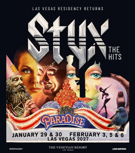 Styx The Hits Las Vegas residency poster listing Venetian Resort dates January 29, 30, February 3, 5, 6 2027