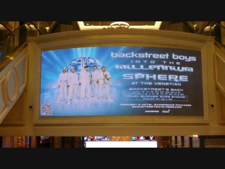 Backstreet Boys Into the Millennium Sphere digital marquee at The Venetian listing the final August 27, 28, and 29 show dates