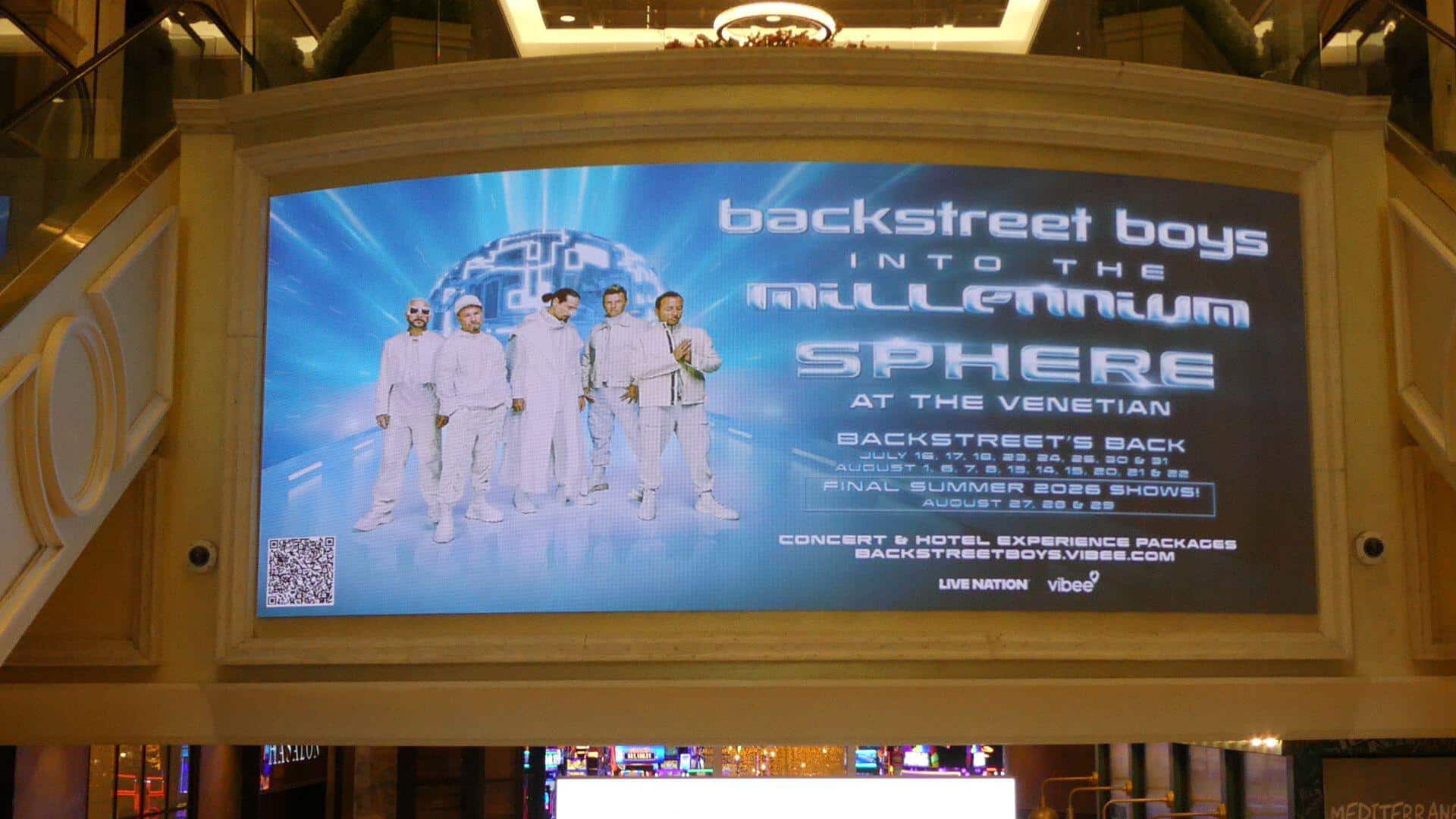 Backstreet Boys Into the Millennium Sphere digital marquee at The Venetian listing the final August 27, 28, and 29 show dates