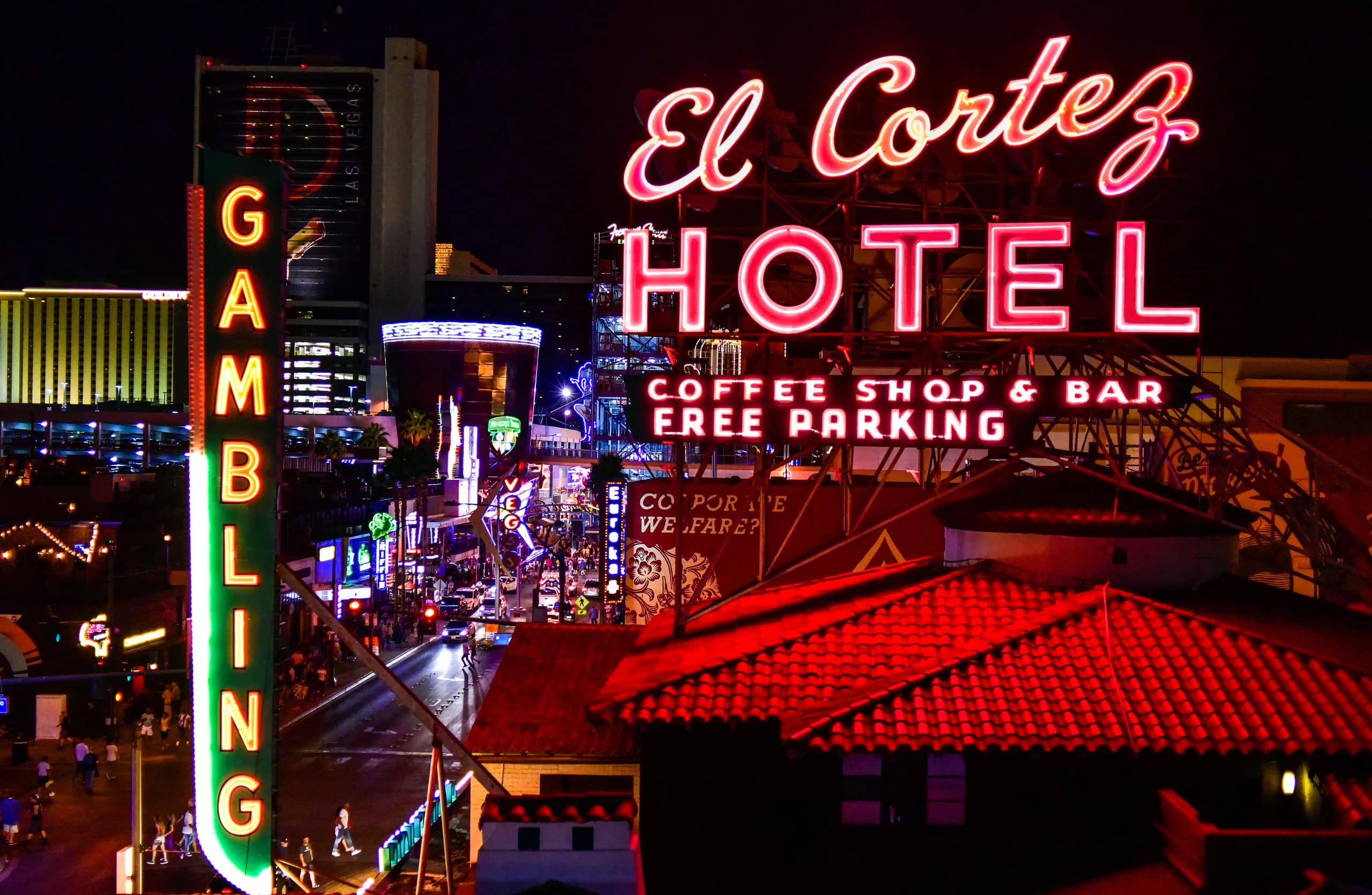 The El Cortez Hotel neon sign glowing at night above the Fremont Street casino district in downtown Las Vegas