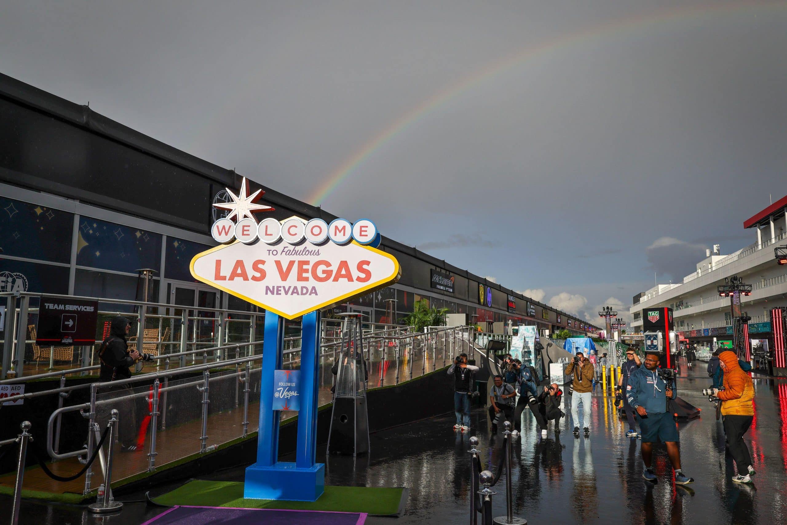 Welcome to Fabulous Las Vegas sign in the Formula 1 paddock with a rainbow overhead