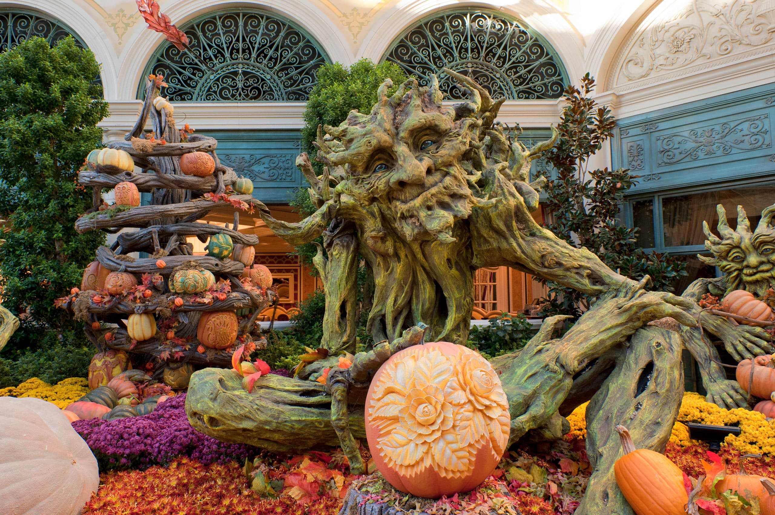 Autumn display with carved pumpkins and a large tree-creature sculpture and fall foliage in a glass-roofed conservatory