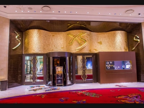 The gold XS Nightclub entrance and logo inside Wynn Las Vegas ahead of its November reopening