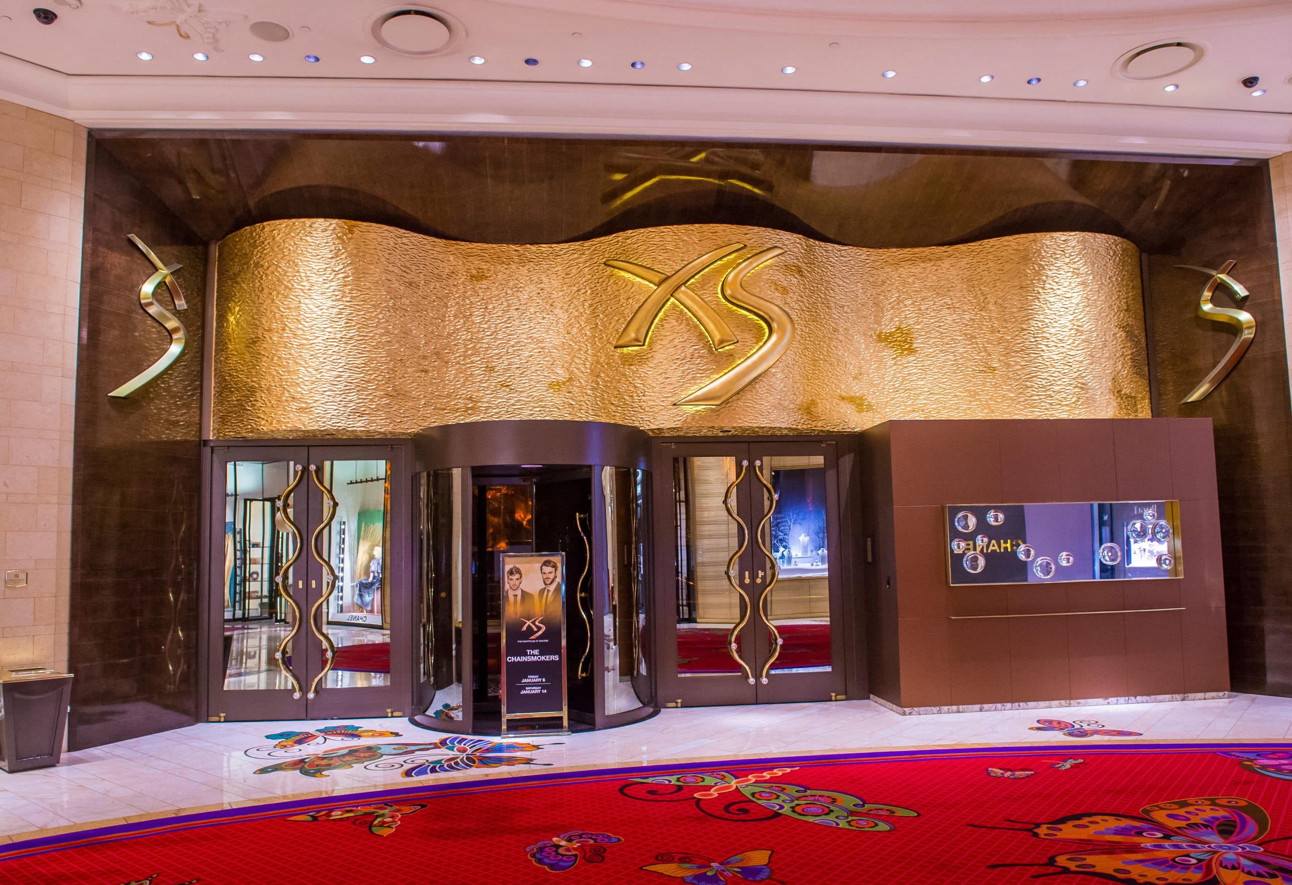The gold XS Nightclub entrance and logo inside Wynn Las Vegas ahead of its November reopening