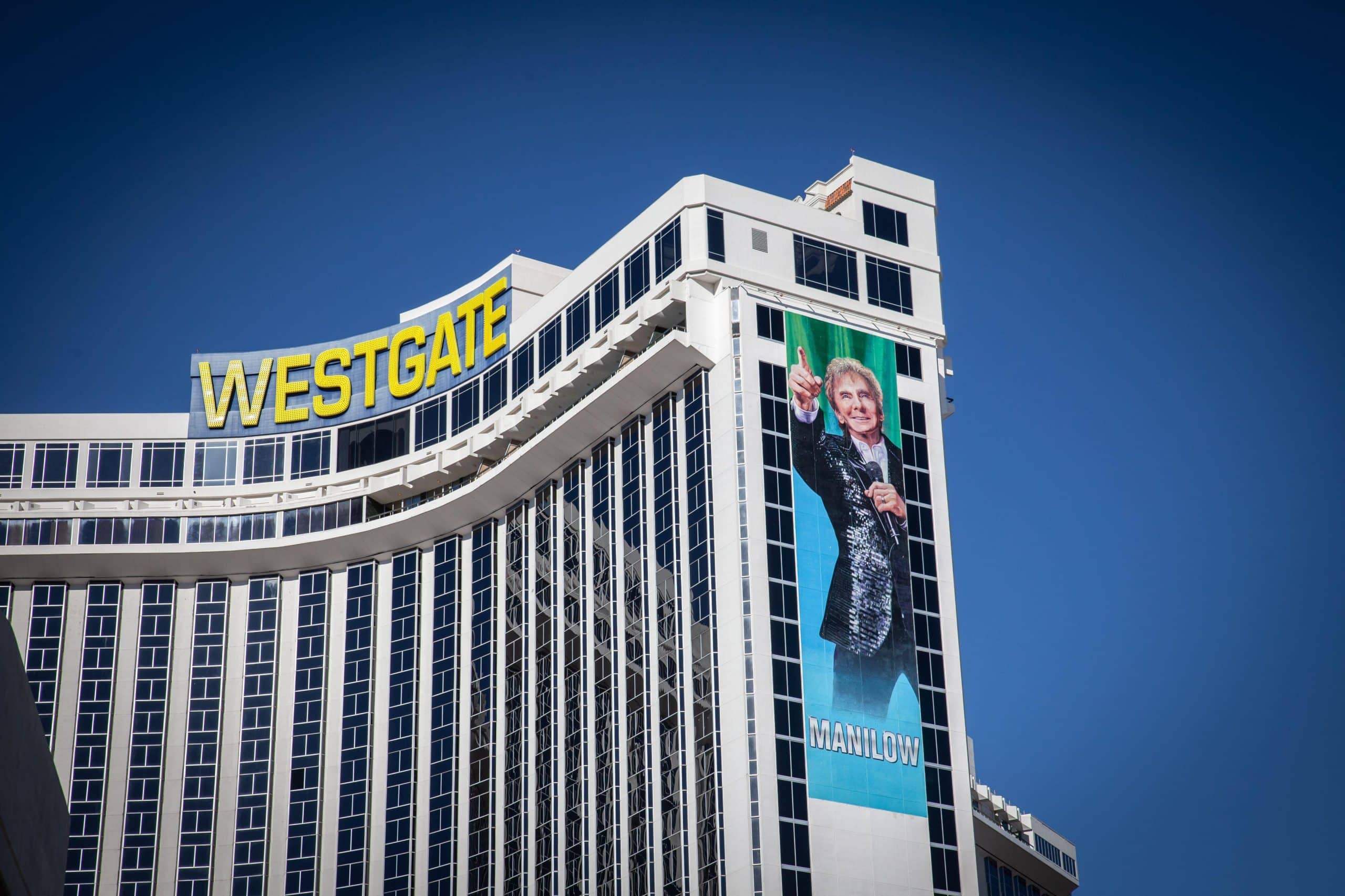 Westgate Las Vegas Resort exterior featuring the Barry Manilow residency billboard