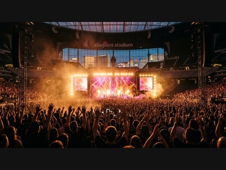 Packed concert crowd at Allegiant Stadium in Las Vegas with stage lights and pyrotechnics at dusk