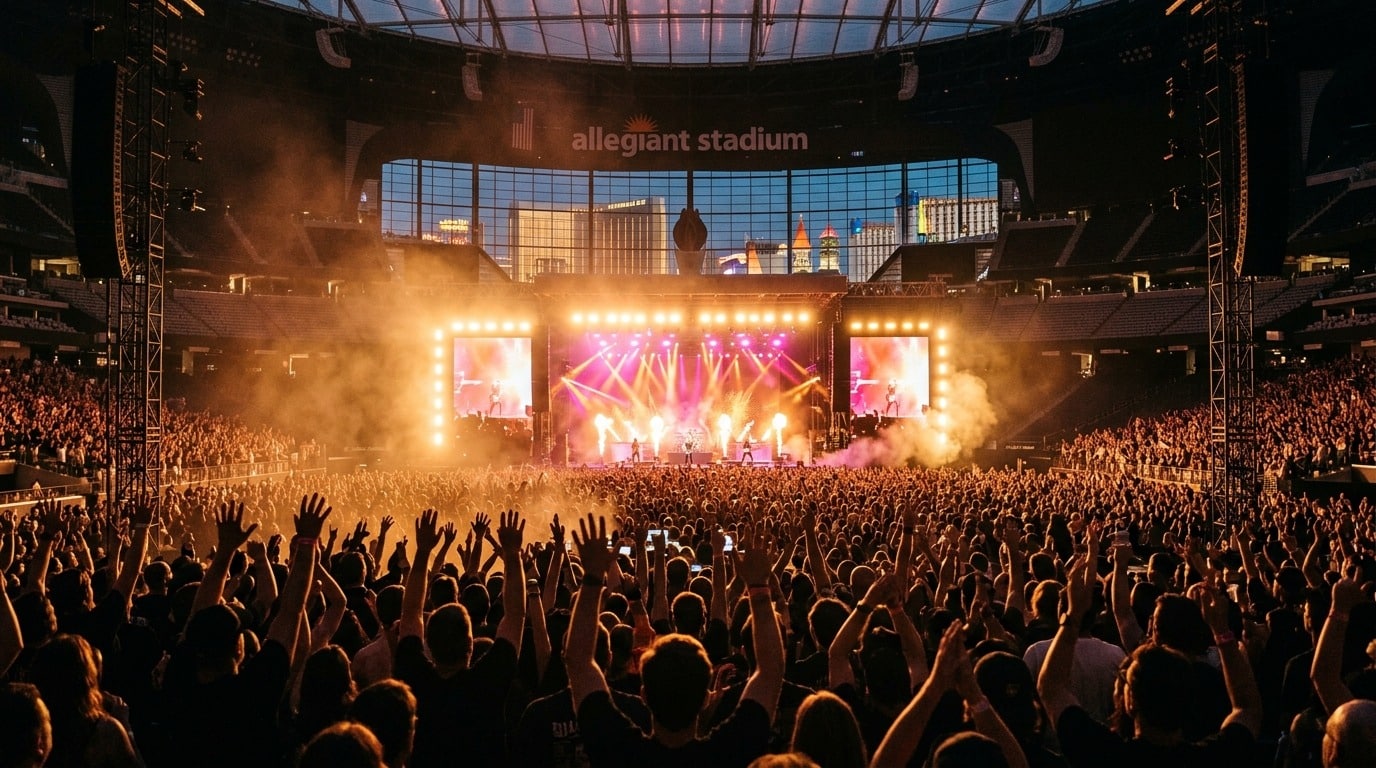 Packed concert crowd at Allegiant Stadium in Las Vegas with stage lights and pyrotechnics at dusk