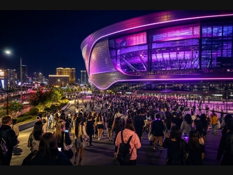 Allegiant Stadium in Las Vegas lit up in purple at night with fans arriving for the BTS Arirang World Tour concert