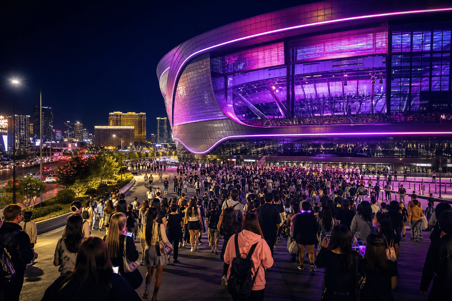 Allegiant Stadium in Las Vegas lit up in purple at night with fans arriving for the BTS Arirang World Tour concert