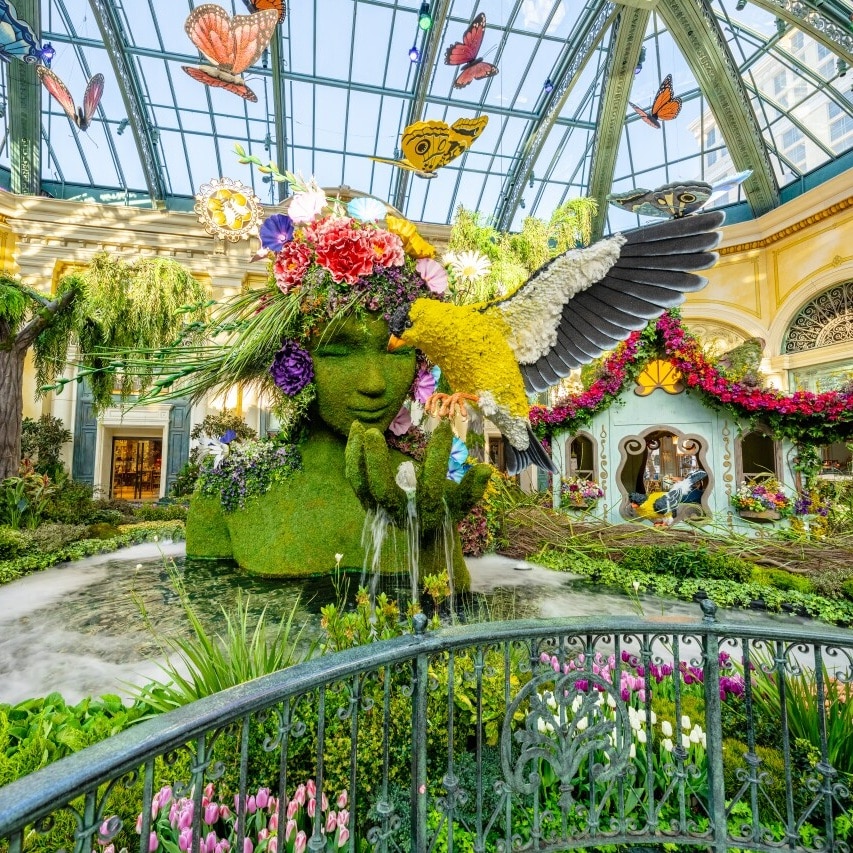 A floral sculpture display inside the Bellagio Conservatory and Botanical Gardens, one of the seasonal installations that rotate throughout the year