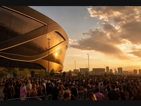 Allegiant Stadium exterior at golden hour with fans arriving for a sold-out Las Vegas concert