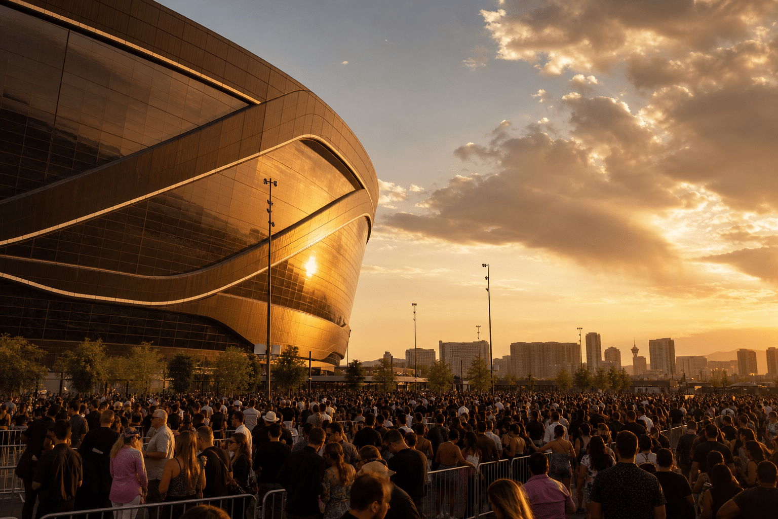 Allegiant Stadium exterior at golden hour with fans arriving for a sold-out Las Vegas concert
