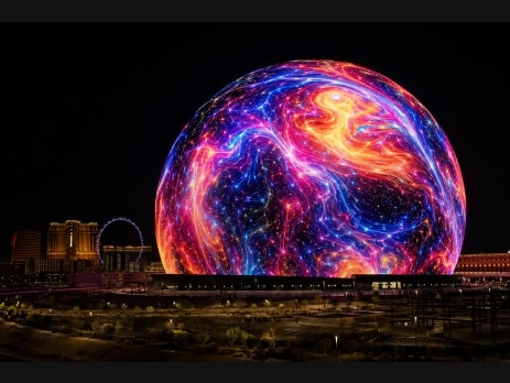 The Sphere in Las Vegas at night displaying vivid cosmic visuals for the No Doubt 2026 residency