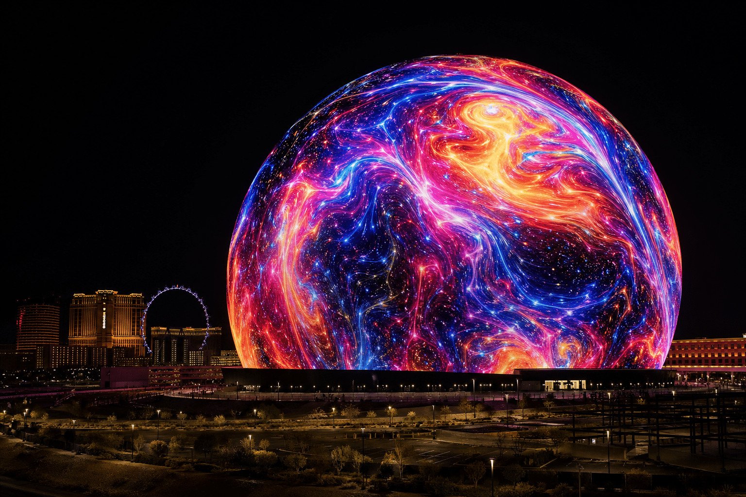 The Sphere in Las Vegas at night displaying vivid cosmic visuals for the No Doubt 2026 residency