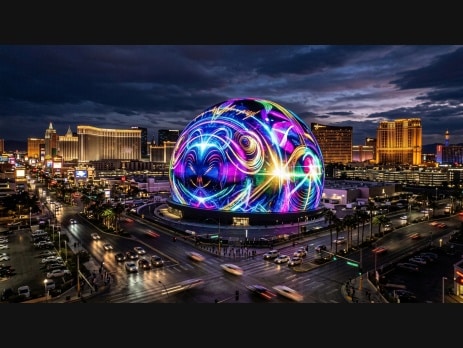 The Sphere in Las Vegas at dusk with colorful LED light display and the Las Vegas Strip in the background