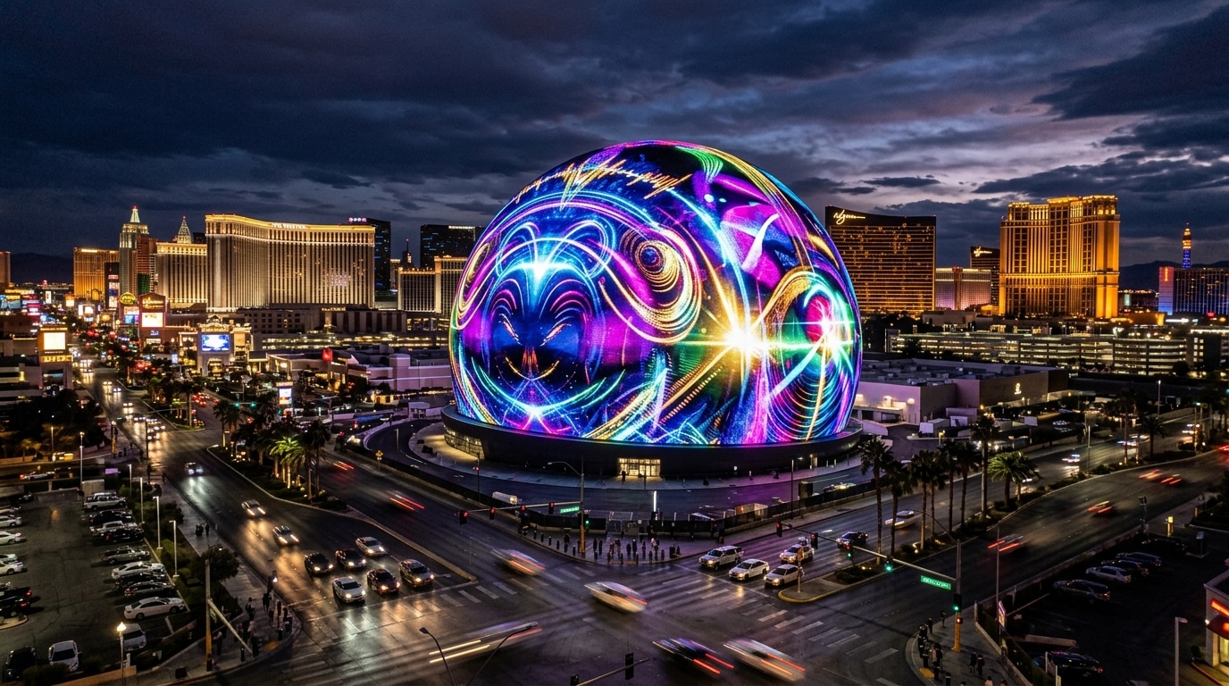 The Sphere in Las Vegas at dusk with colorful LED light display and the Las Vegas Strip in the background