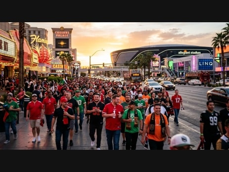 Sports entertainment fans walking along the Las Vegas Strip toward Allegiant Stadium at golden hour