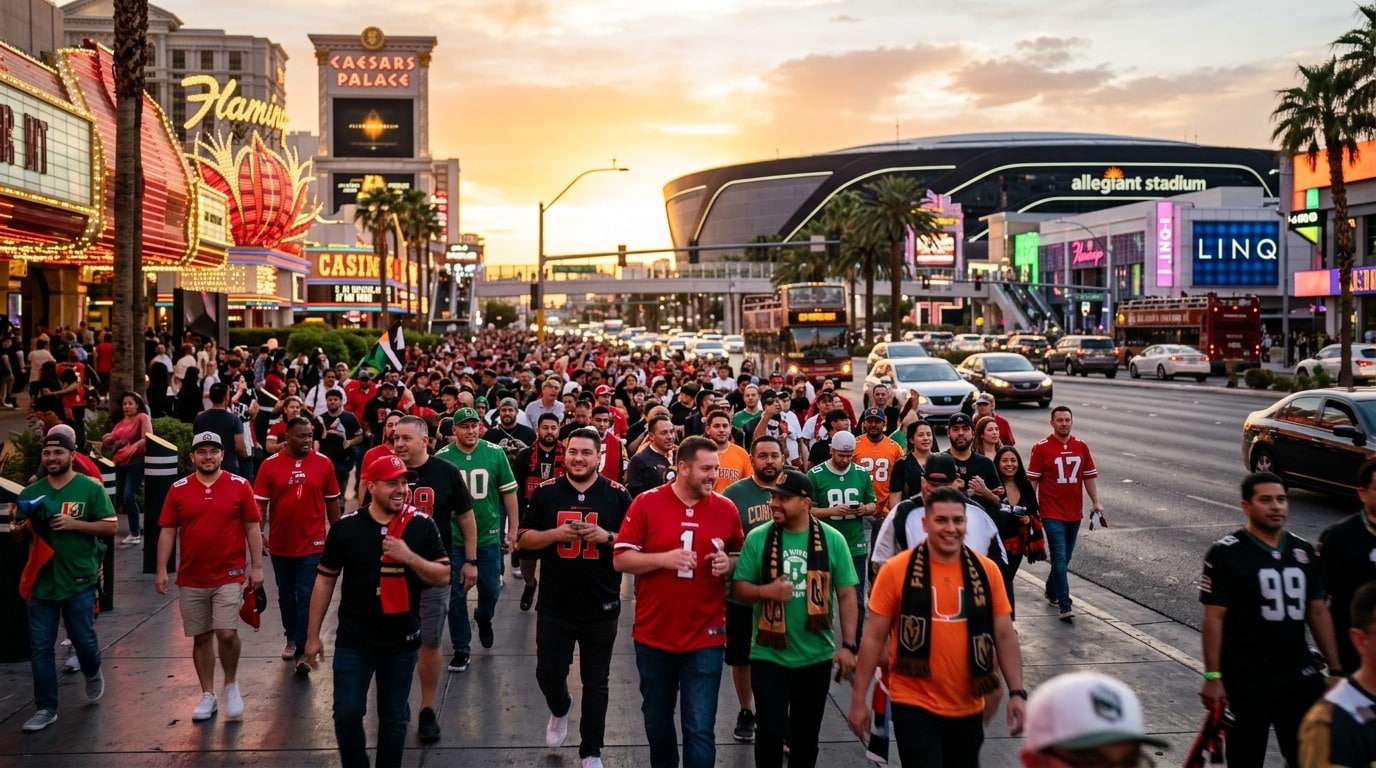 Sports entertainment fans walking along the Las Vegas Strip toward Allegiant Stadium at golden hour